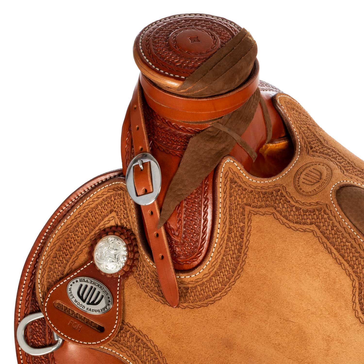 Westwood Wade Double Skirt Westernsattel – Gesteppter Sitz – Blumenmuster Nr. 6 &amp; Rand Nr. 77 – Cognacfarbenes Leder, Rückseite natur